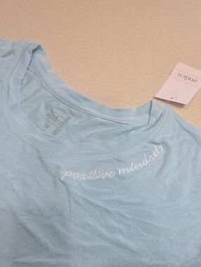 NWT Auden Light Blue Tee with White 'positive mindset' Embroidery 1X